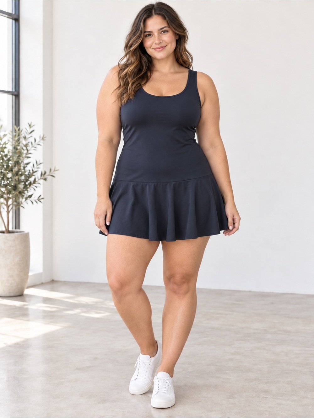 Mono B black ruffle hem athletic dress padded built in bra